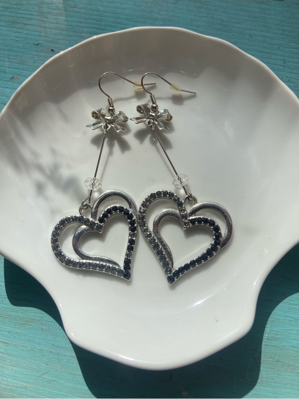 Silver Heart Drop Dangly Earrings with Silver & Black Rhinestone - Women Jewelry